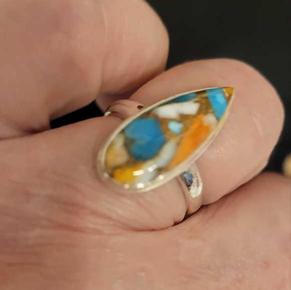 GENUINE Spiny Oyster & Arizona Turquoise 925 Silver Ring Jewelry s.7 - Picture 7 of 11